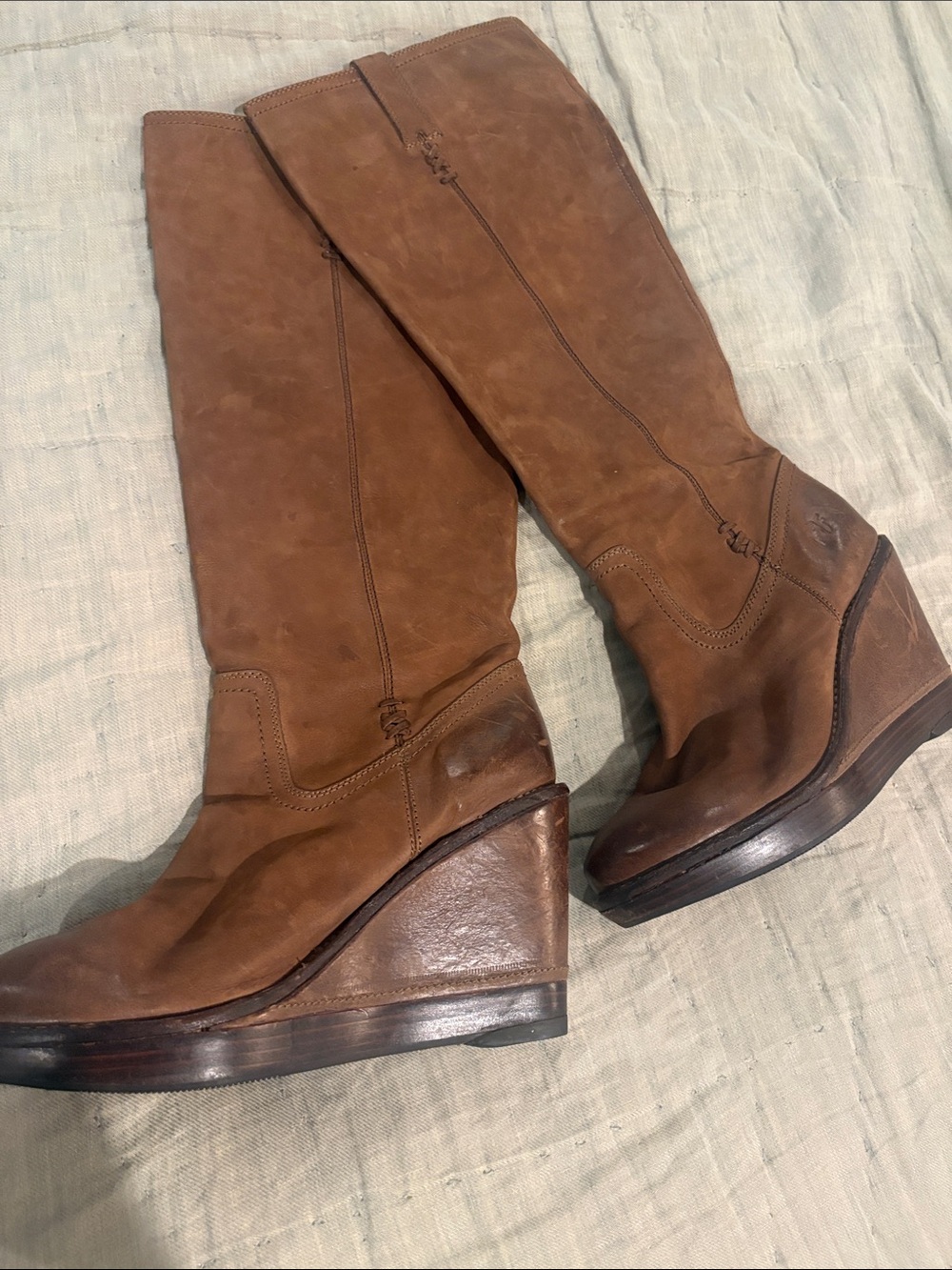 Frye Brown Leather Wedge Knee-High Boots 10